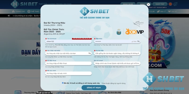 Form mẫu đăng ký Shbet đơn giản